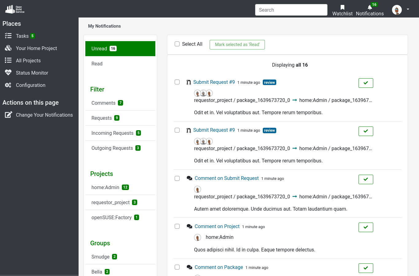Notifications page